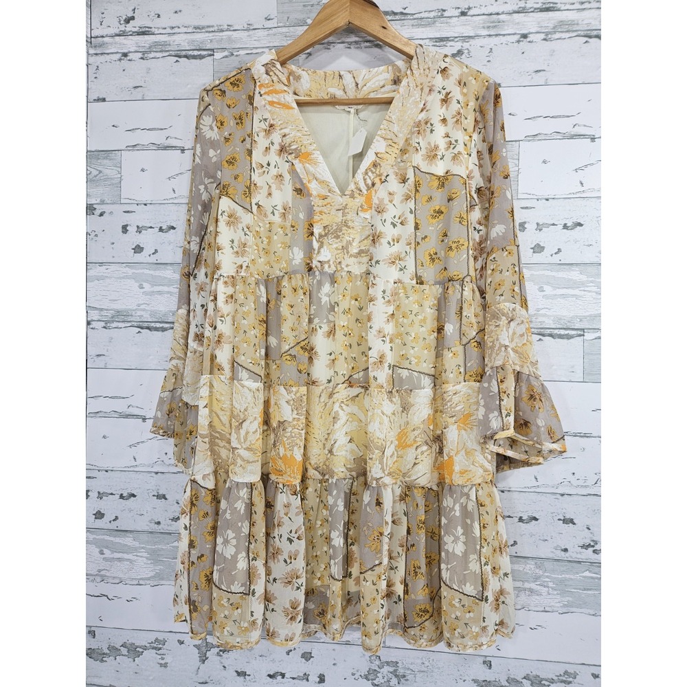 Entro Boho Peasant Dress Yellow Beige Patchwork Floral V Neck Women M